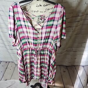 Torrid Rayon Slub Sharkbite Babydoll Flutter Sleeve Top Pink Plaid NWOT Size 1X
